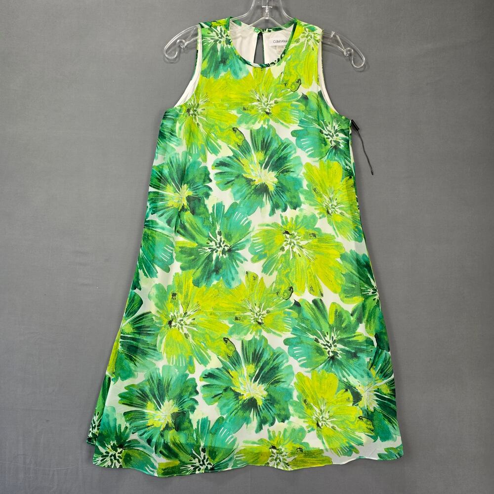Calvin Klein Green Floral Dress Sleeveless Midi Shift Scoop Neck Lined Women's 2